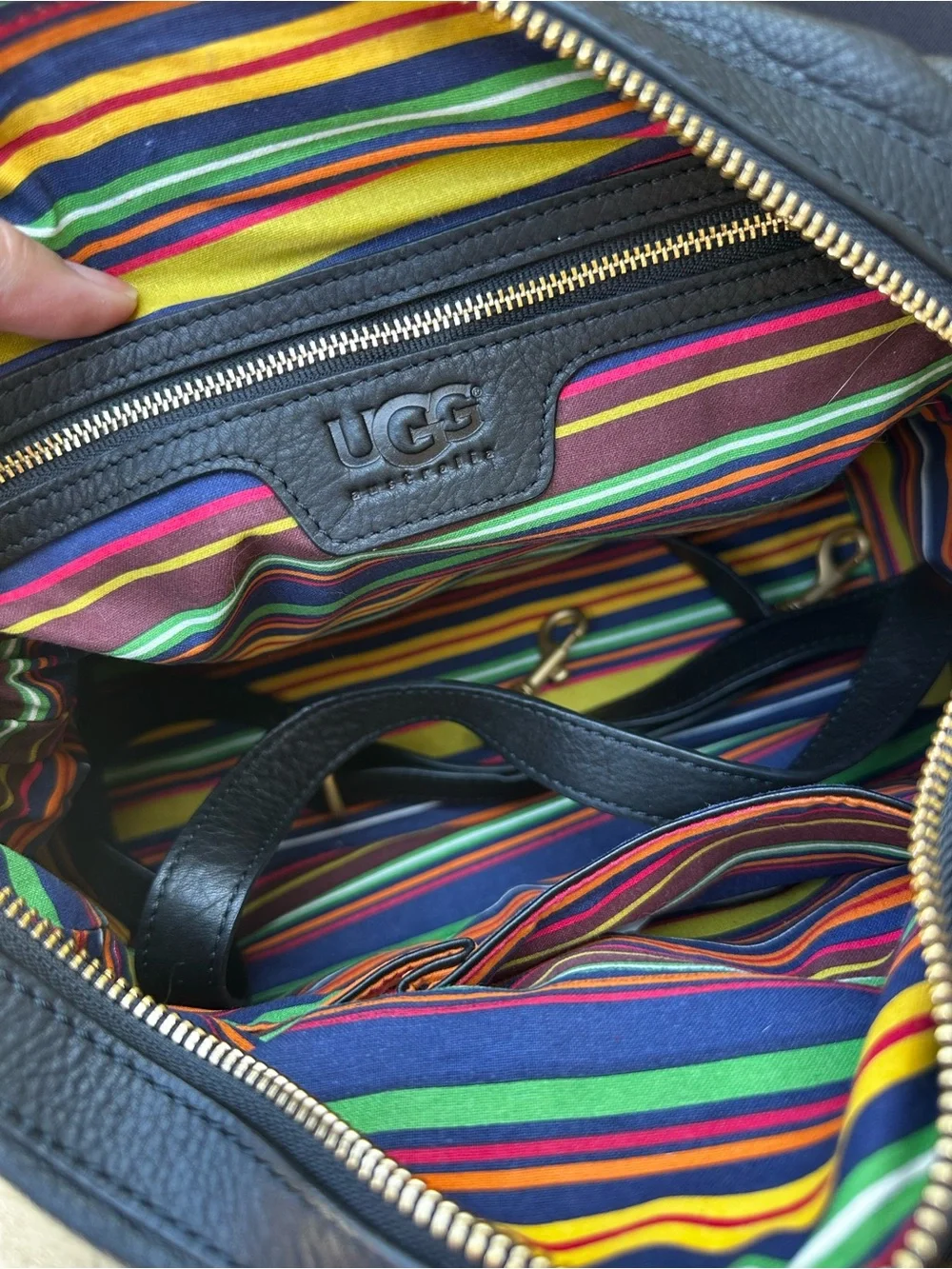 UGG Black Leather Satchel with Gold Ring Handles and Multicolor Stitching